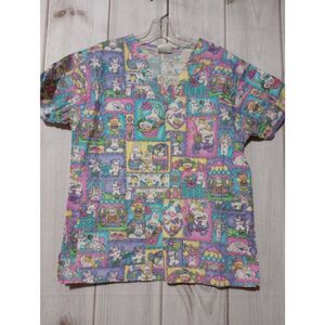 Easter Scrub Top Ladies Small Lavender‎ Bunnies VNeck